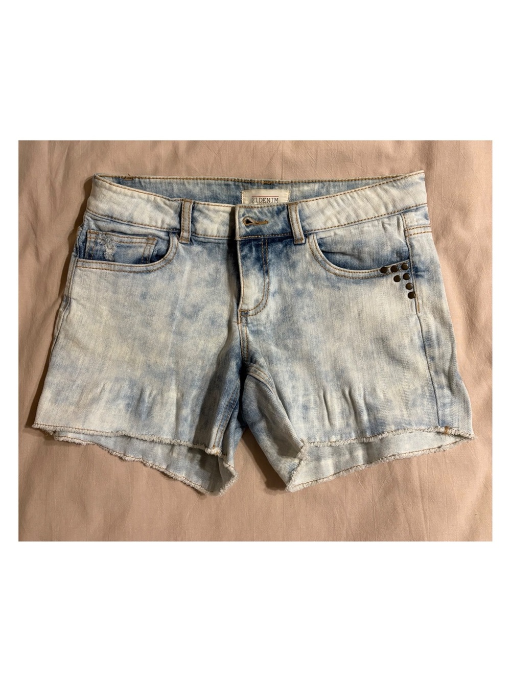 2.1 Denim Light Blue Washed Jean Shorts with Stud Accents
